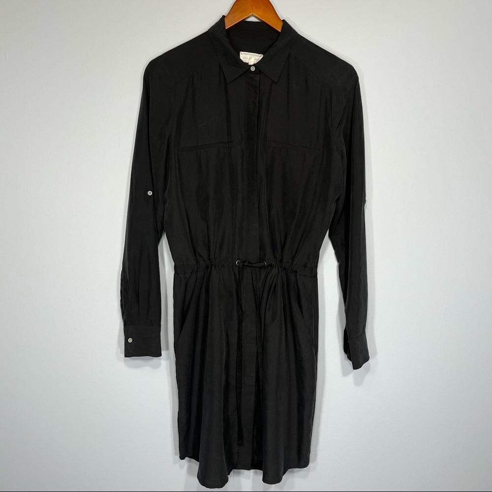 Lou & Grey Button Down Shirt Dress Womens Small S Black Roll Sleeve Modal Blend